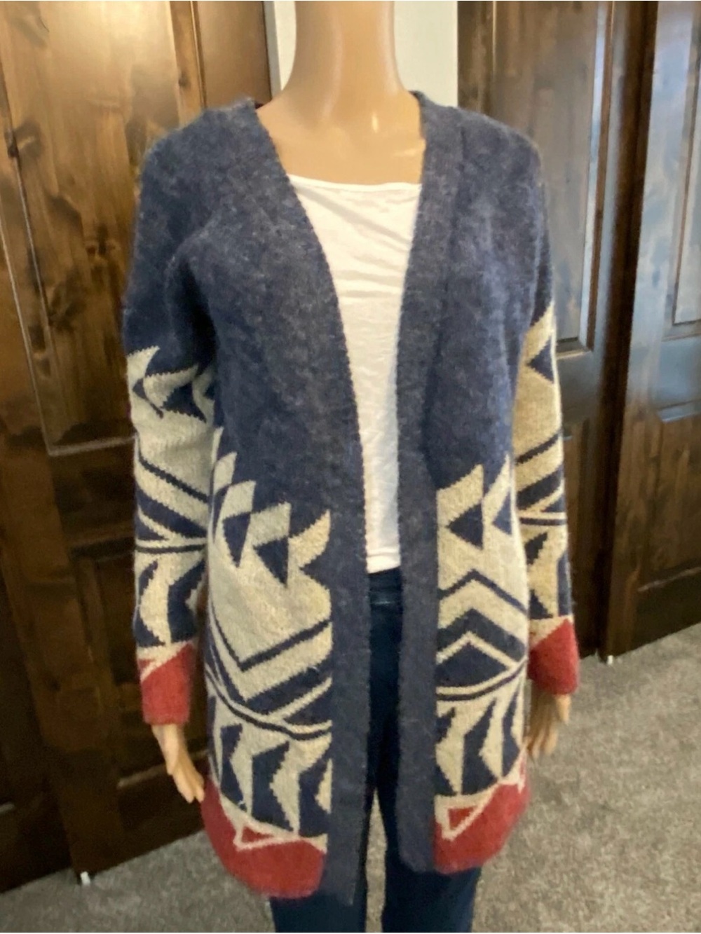 Love marks Open-Front Geometric Knit Cardigan Acrylic Size M- 010